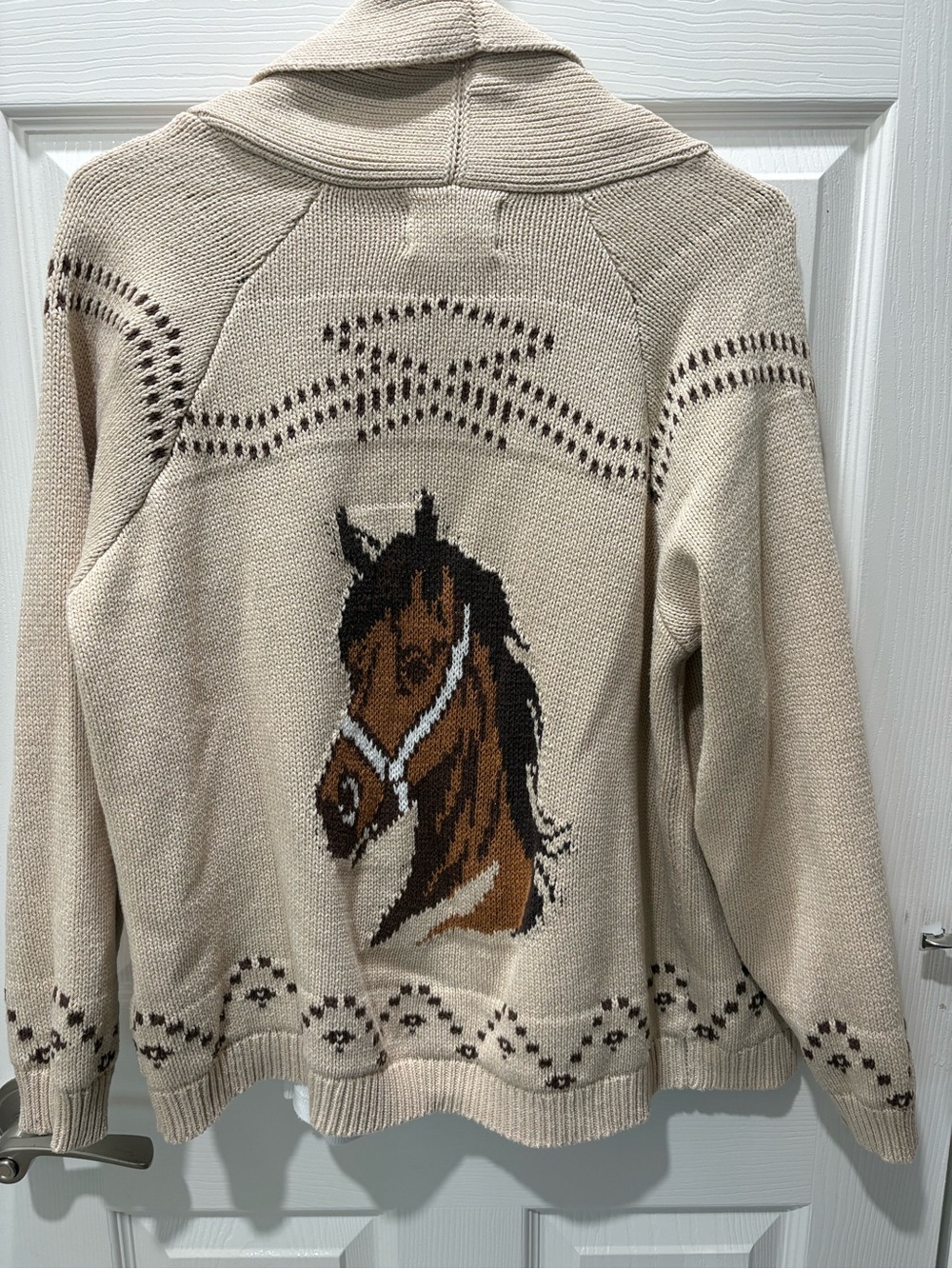 J.O.A. Beige Horse-Graphic Shawl Collar Knit Cardigan